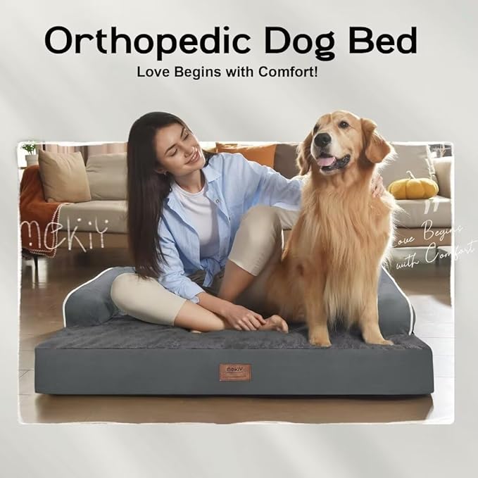 Large Dog Bed Orthopedic Washable - Beds Bolster - Extra Large Big Dogs - Memory Foam Couch Sofa - Waterproof with Removable Cover - Dark Grey Dog Bed
