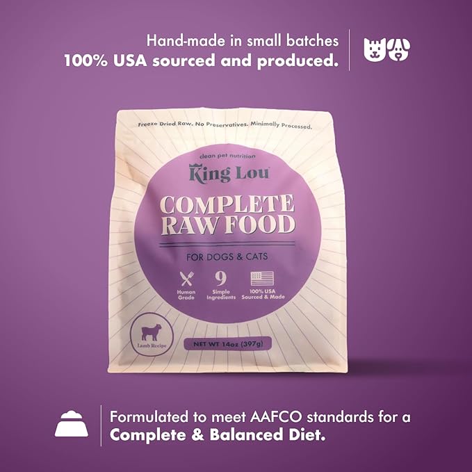 King Lou Pets - Human Grade Raw Food for Dogs and Cats - Complete Meal for Pets - Freeze Dried Lamb Recipe - 14oz