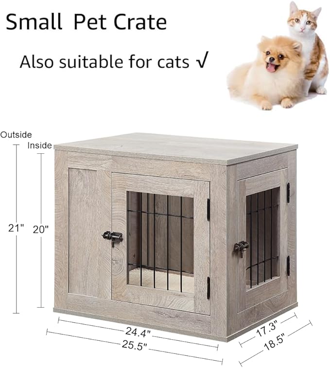 unipaws 25.5 Inch Furniture Style Dog Crate for Small Dogs, Cats, Min Pigs, Rabbit, Indoor Aesthetic Puppy Kennel, Modern Decorative Wood Wire Pet House Cage, Pretty Cute End Side Table, Grey