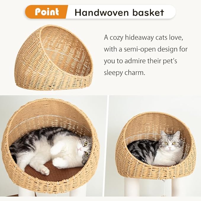 Wood Cat Tree 60'' with Woven Beds, 5-Level Natural Cat Condo with Sisal Posts & Clear Bubble Lounge, Multi-Level C at Furniture for Indoor Pets, Easy to Assemble (Brown-Particle Board)