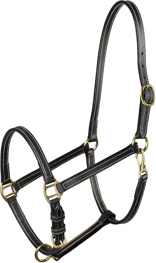 HORZE Fremont Soft Leather Horse Halter | Fully Adjustable with Brass Hardware & Contrast Stitching - Black - Warmblood