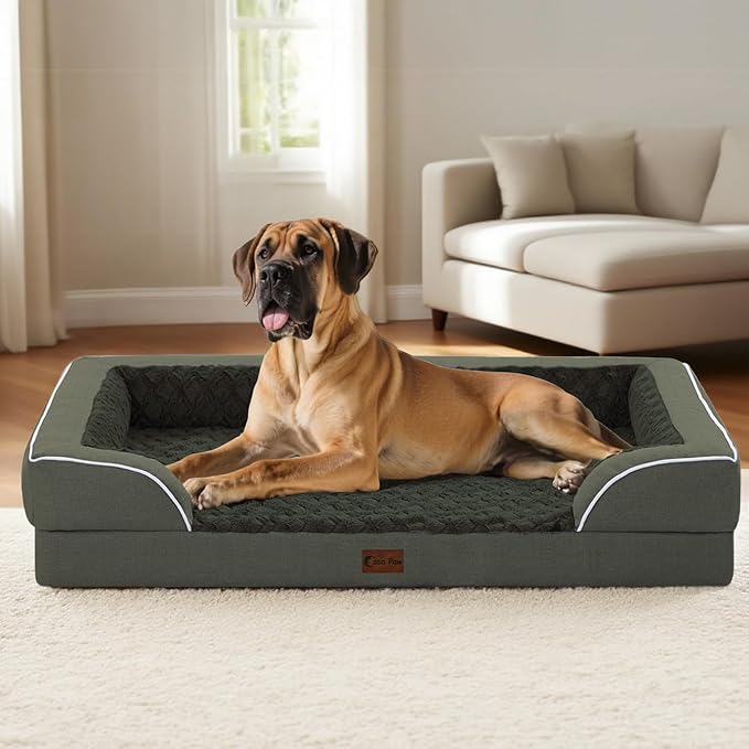 Orthopedic Waterproof Dog Bed for Extra Large Dogs, Memory Foam XL Dog Bed with Sides, Egg-Crate Foam and Non-Slip Bottom Jumbo Dogs Couch Beds with Washable Removable Cover(Jumbo,Dark Green)