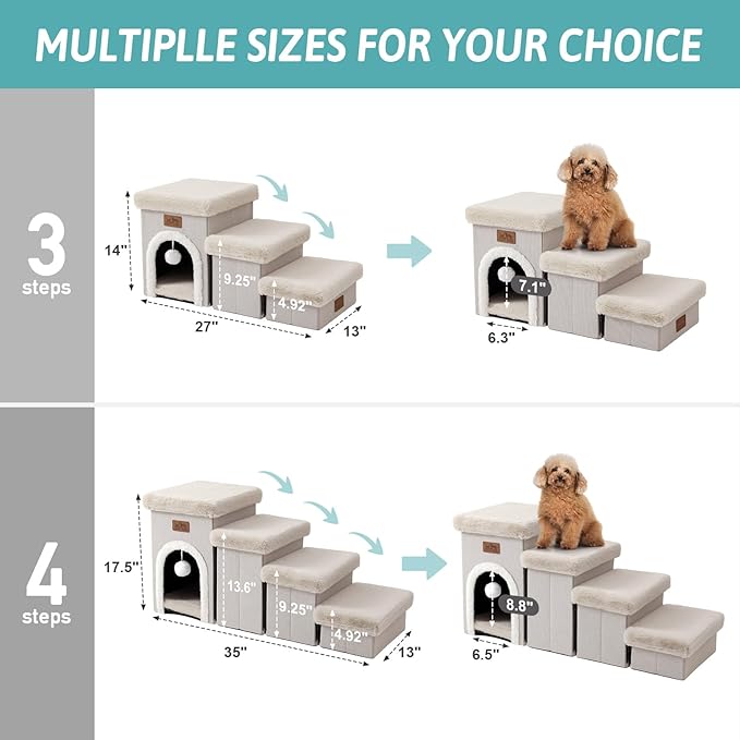 Dog Stairs for Small Dogs with Storage and Condo, 14" H Foldable Pet Stairs for Small Medium or Puppy Dogs and Older Cats, Dog Steps for Bed or Couch, 13x27x14 inch, 3 Tiers, Beige