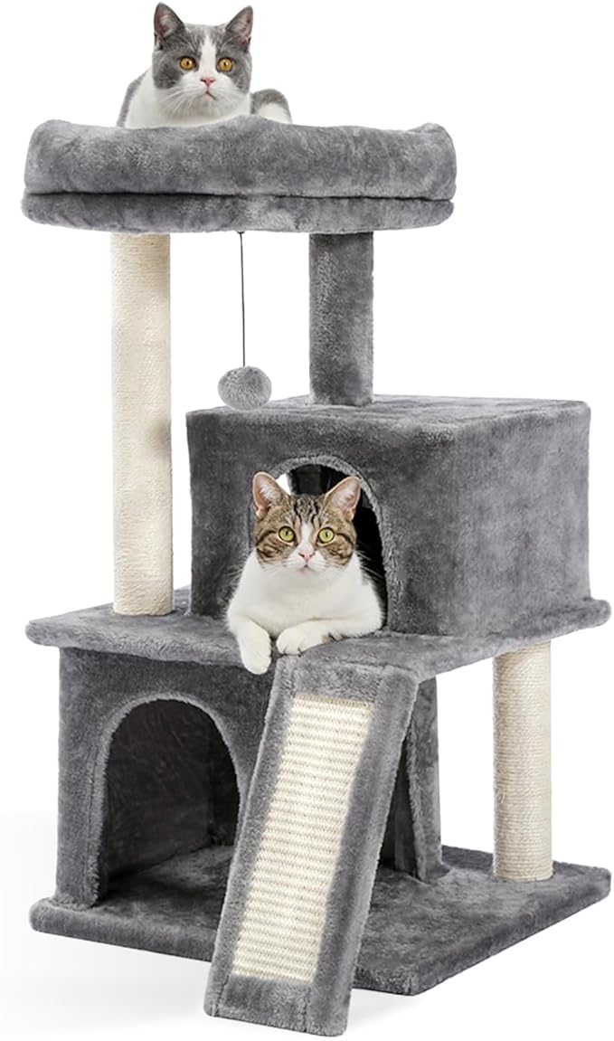 PAWZ Road 34 Inches Cat Tree Multilevel Cat Tower with Double Condos, Spacious Perch, Fully Wrapped Scratching Sisal Post and Replaceable Dangling Balls Gray
