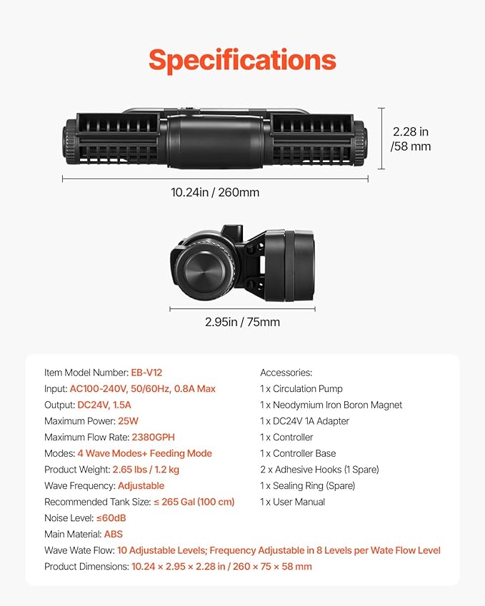 VEVOR Aquarium Wave Maker, 25W, 2380 GPH Adjustable Cross Flow Pump with Controller, Magnetic DC 24V Aquarium Powerhead, Strong Magnetic Base, 360° Rotating Wavemaker, for Saltwater Marine Freshwater