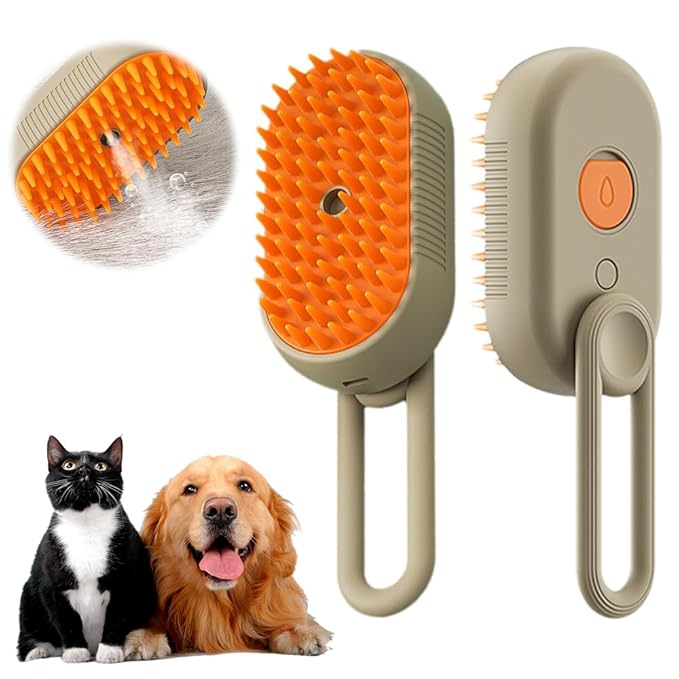 Cat Steam Brush, New 3 in 1 Pet Steam Groomer Brush, Rechargeable Pets Steam Groomer Comb for Massaging and Cleaning Shedding Pet Hair, Multifunctional Hair Removal Comb Cats and Dogs (Khaki)