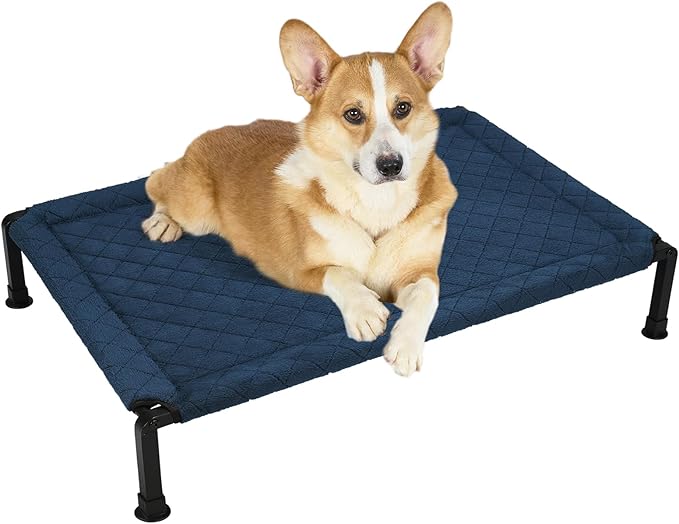 Veehoo Soft Plush Elevated Dog Bed, Raised with Heavy Duty Frame, Non-Slip Silicon Feet, Washable & Breathable Pet Cot for Indoor/Outdoor Use, 35" x 22", Navy Blue, CWC2432A