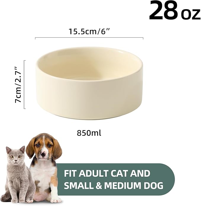 Ceramic Set of 2 Dog Bowls, Food and Water Bowls for Dogs, Puppy, 2pcs Pet Dishes(6inch, 2 x Beige Bowls)