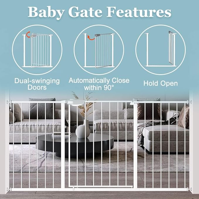 WAOWAO Triple Lock Baby Gate Extra Wide 76.77-81.49" Pressure Mounted Walk Through Swing Auto Close Safety White Metal Dog Pet Puppy for Stairs,Doorways,Kitchen