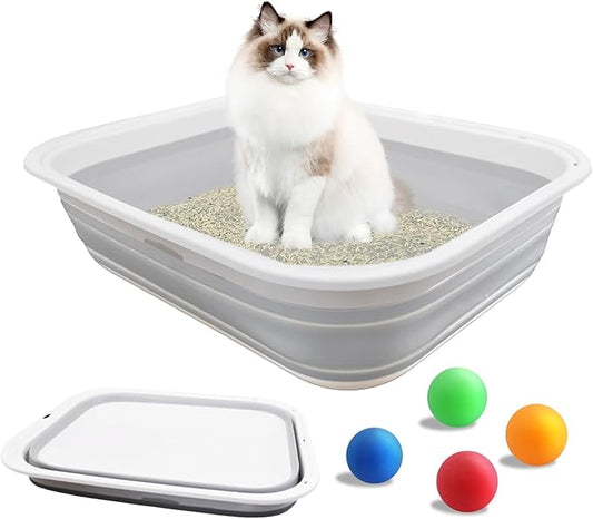 Collapsible Cat Litter Box,Open Potty Pan Cat Toilet Foldable Portable Cats Litter Box Travel Litter with Scoop,Waterproof Low Entrance for Kitten and Cat Toilet Easy Clean 17.7"×13.4"x4.9"(Grey)