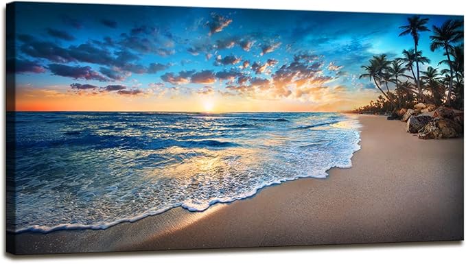 Jiuqinghua Canvas Prints Wall Art Blue Beach Ocean Landscape Paintings 1 panel Sunset Sea Waves Wall Decor Pictures Stretched and Framed for Living Room Bedroom and Office Decor Artwork 24x48inch