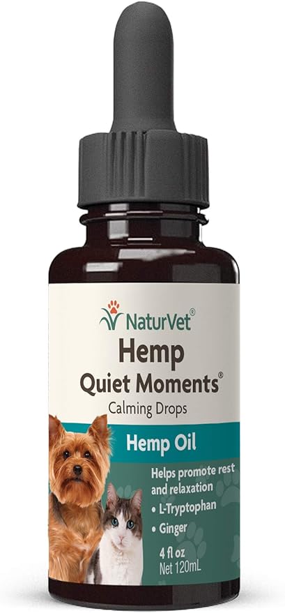 NaturVet – Hemp Quiet Moments Calming Drops - 4 oz – Enhanced with Hemp Seed Oil, L-Tryptophan & Ginger – Helps Reduce Stress & Promote Relaxation – for Dogs & Cats