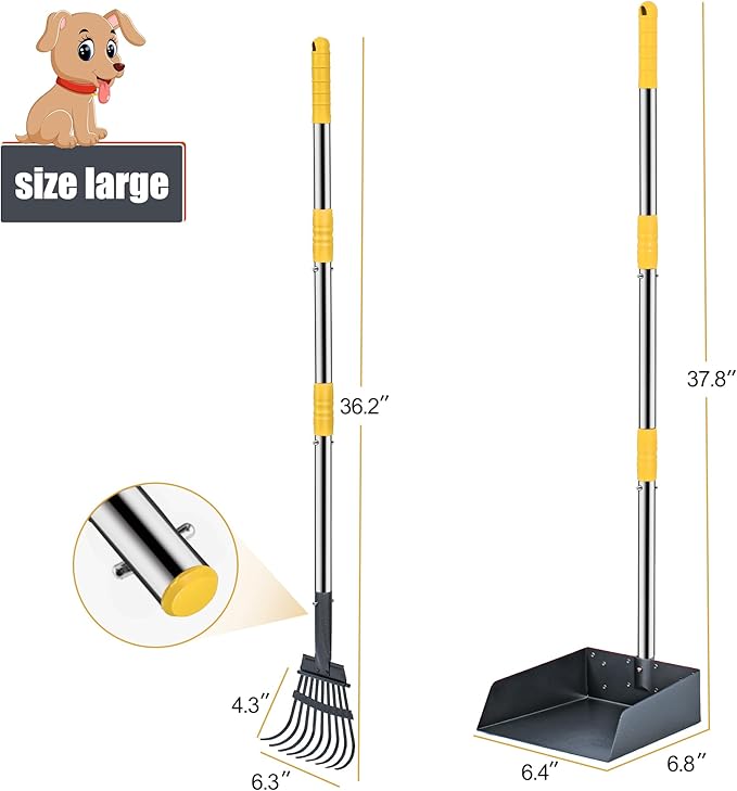 Niubya Pooper Scooper for Dogs, Metal Poop Scooper Tray and Rake Set with Adjustable Long Handle, Dog Pooper Scooper for Pet Waste Removal
