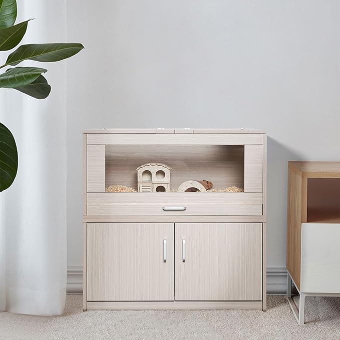 Large Hamster Cage, Wooden Hamster Cages and Habitats with Storage Cabinet and Openable Top Decorative Pet House Acrylic Panels for Hedgehog Gerbil and Rat (31.5"× 15.7"× 33.5")