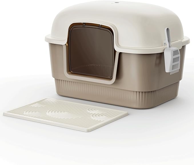 Cat Litter Box with Litter Mat and Scoop,High Wall Enclosed Cat Litter Boxes for Anti-Leakage, Covered Kitty Litter Box with Handle and Buckles for Portability and Privacy, Odor Control (Brown)