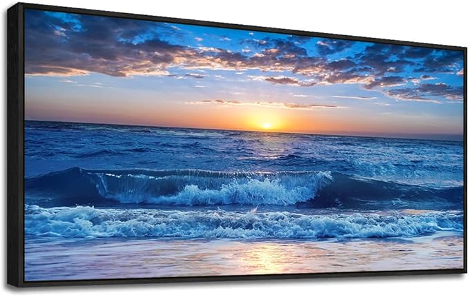 Sea Beach Framed Canvas Wall Art For Living Room Wall Decor For Bedroom Home Decor Blue Ocean Canvas Pictures Artwork Sunny Sea View Wave Painting Office Wall Decorations Black Framed 20" X 40"