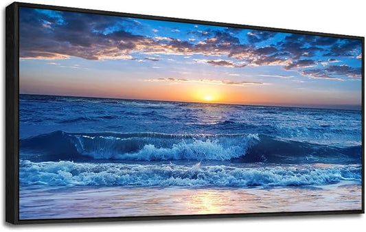 Sea Beach Framed Canvas Wall Art For Living Room Wall Decor For Bedroom Home Decor Blue Ocean Canvas Pictures Artwork Sunny Sea View Wave Painting Office Wall Decorations Black Framed 20" X 40"