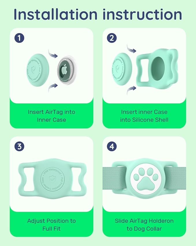IP68 Waterpoof Dog Airtag Holder, Stretchy Silicone Full Body Covered Apple Air Tag Holder for Dog Cat Collar Fit All Width Collar (Green, 1 Pack)