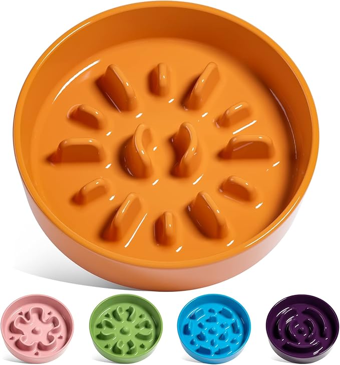 LE TAUCI Ceramic Slow Feeder Dog Bowls Small Breed, 0.6 Cups Dog Food Dish for Fast Eaters, Puzzle Bowl for Small Dogs and Cats,Sun Orange