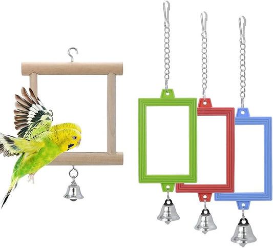 4 PCS Bird Mirror with Bell Parrot Hanging Interactive Playing Toy for Cockatiel Parakeets Canaries Budgie Cage Accessories