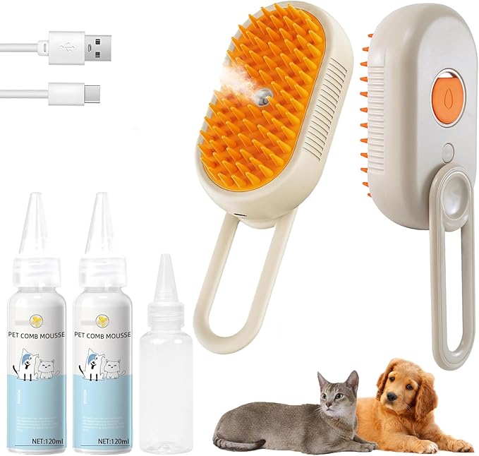 4-in1 Cat Steam Brush for Shedding & Grooming, Spray Hair Removal Comb with 2 Waterless Shampoo, Cat and Dog Brush for Shedding, Pet Grooming Comb Hair Removal Tool for Cats and Dogs