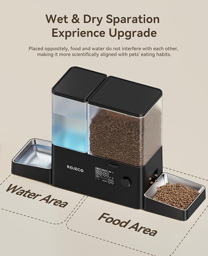 Rojeco 36Cups/8.5L Pet Automatic Cat Feeder and Gravity Water Dispenser,Stainless Steel Bowls 2-in-1 Set Large Capacity 5L Food Feeder and 3.5L Water Fountain for Cats,Pets,Small Dogs,Black