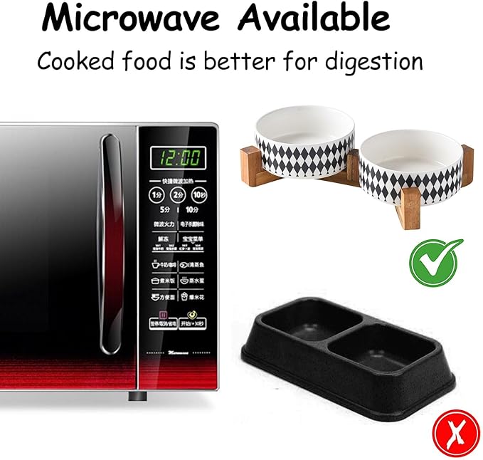 Petygooing Ceramic Dog Cat Bowl Set with Stand, Pet Food and Water Dishes,Small Dog Bowls Anti-Slip Set of 2 Cat Bowls-Pet Food Bowl- Pet Dish Small Medium Size Pet (28OZ/6.1 in) Black Rhombus