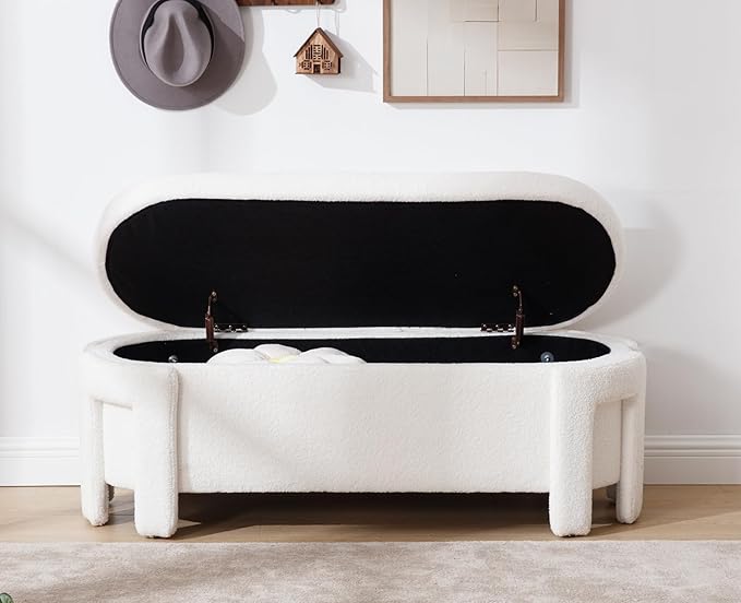 Kmax 50" Storage Ottoman Bench Modern Faux Fur Boucle Entryway Bench Comfy Upholstered End of Bed Bench for Hallway Entrance Bedroom Corner, White