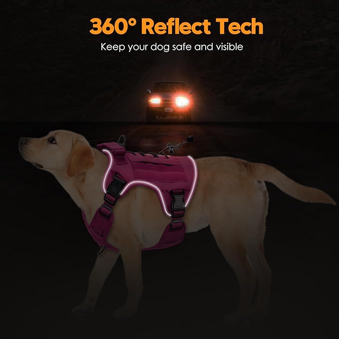 Heavy-Duty Tactical Dog Harness for Large Dogs, No Pull Adjustable Reflective Pet Vest with Molle System, K9 Military-Grade Control for Service Training, Outdoor & 10+ Breeds, Pink, Large