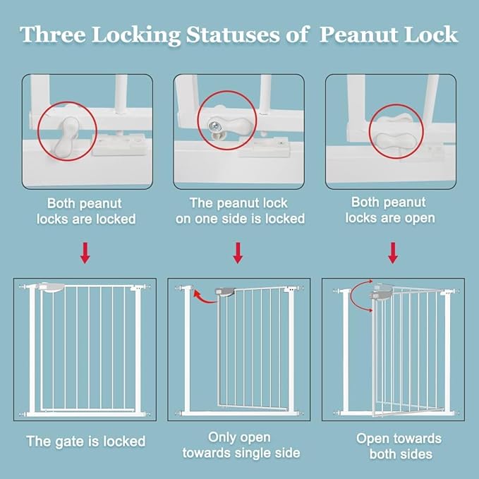 WAOWAO Triple Lock Baby Gate Extra Wide 44.48-48.42" Pressure Mounted Walk Through Swing Auto Close Safety White Metal Child Kids Dog Pet Puppy for Stairs,Doorways