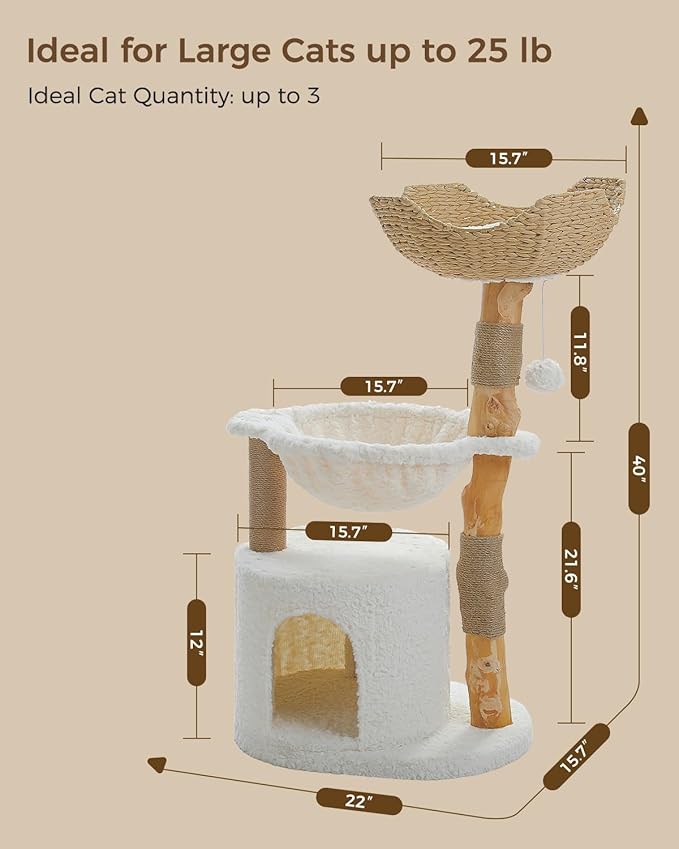 Modern Cat Tree for Large Cats, Wood Cat Tower for Indoor Cats, Real Branch Luxury Cat Furniture with Super Large Cozy Condo and Hammock & Scratching Post, Top Basket, White
