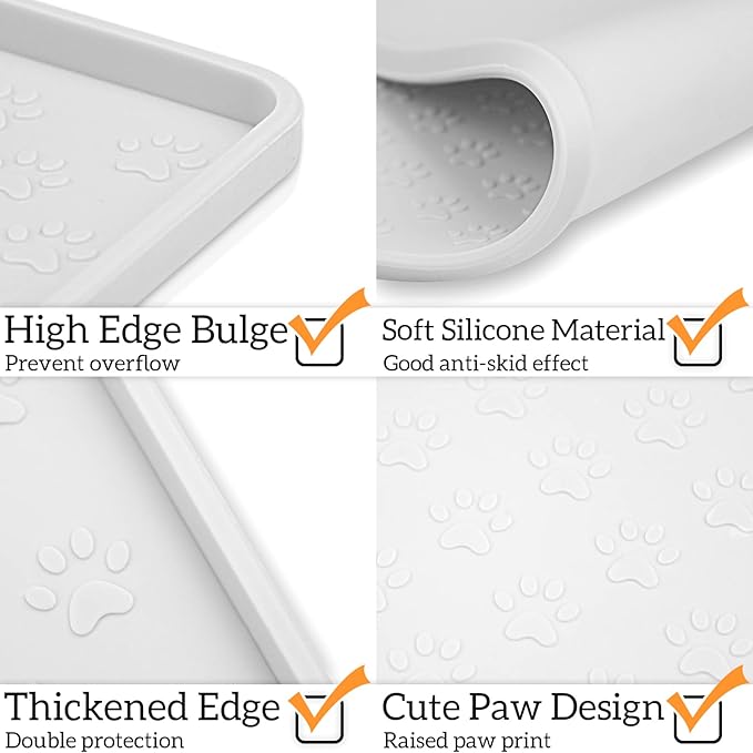 Ptlom Pet Placemat for Dog and Cat, Waterproof Silicone Pet Feeding Bowl Mats for Food and Water, Small Medium Large Dogs Mat Prevent Residues from Spilling to Floor, White, 11.8"x11.8"