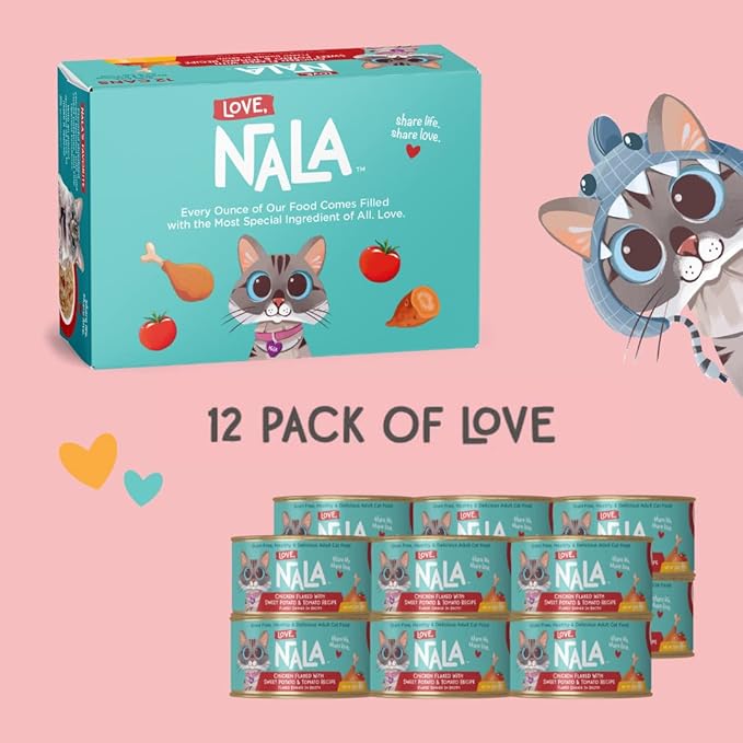 LOVE, NALA - Natural Adult Cat Wet Food - FLAKED Chicken, Sweet Potato, Tomato in Broth - Grain Free, Non-GMO, Digestive Fiber, Vitamins, Minerals - 12 Pack 2.4 lbs.