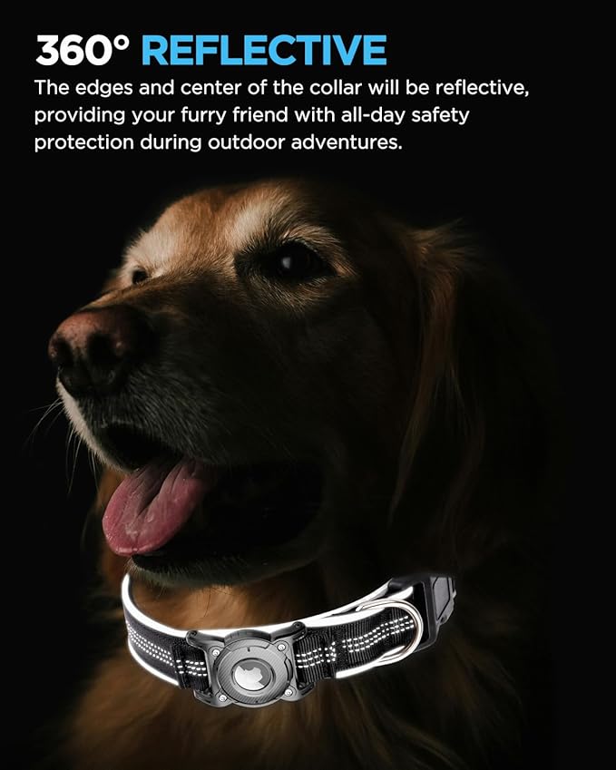ONEONTA Airtag Dog Collar | Waterproof Airtag Dog Collar Holder with Removable Metal Loop - Airtag Collar Heavy Duty, Reflective, Ultra-Durable, Comfortable Padded, for Small Medium Large Dog, Black M