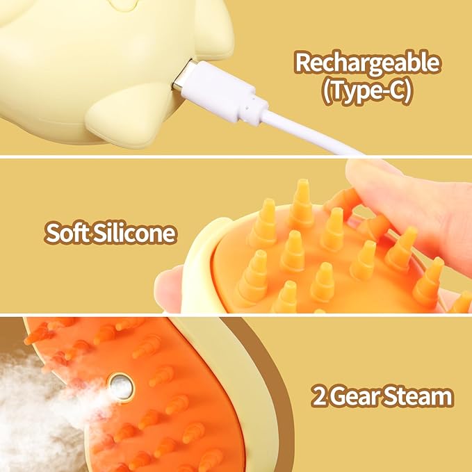 Rechargeable 3in1 Self-Cleaning Cat & Dog Deshedding Brush with 2 Gears for Long & Short Hair - Yellow