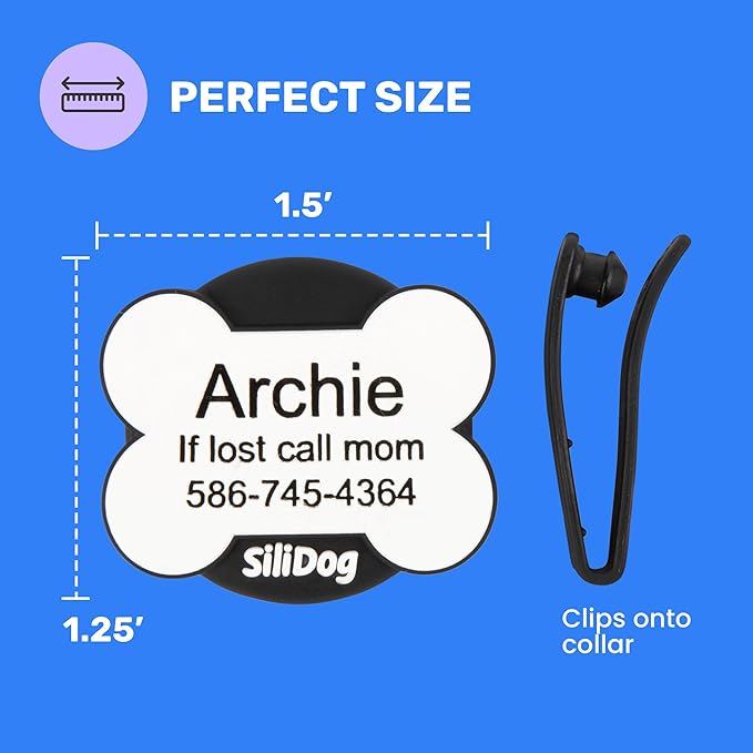 SiliDog AirTag Holder Silent Dog ID Tag – Personalized Engraved Silicone Pet Tag – Durable, Glow-in-The-Dark – White Bone