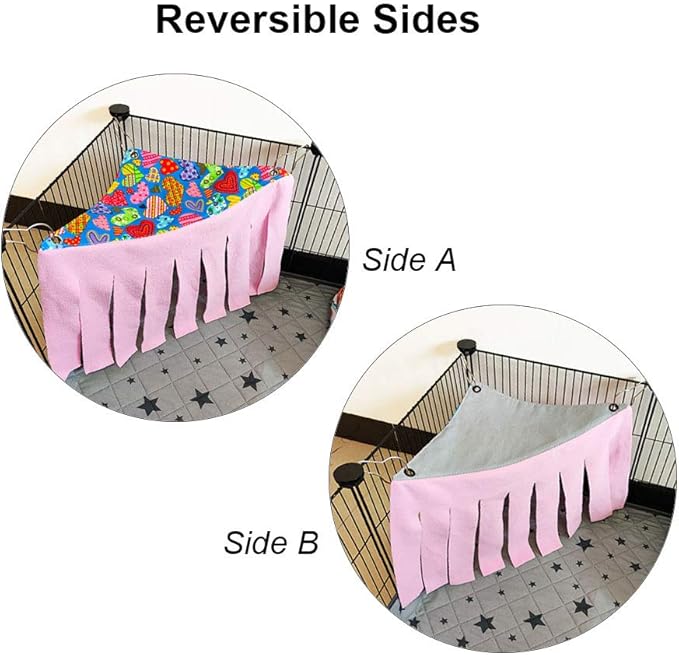 RIOUSSI Guinea Pig Hideout Hideaway Corner Fleece Toys Cage Accessories with Reversible Sides, Heart/Gray-Pink+Purple, Pack of 2