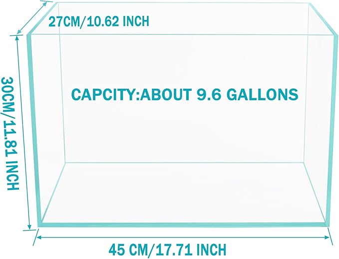 Ultra Clear Rimless Low Iron Glass Cubic Aquarium Tank (9.6Gal W17.72×D10.63×H11.81 inch(45x27x30cm)) 6mm Thickness Include Black Leveling Mat