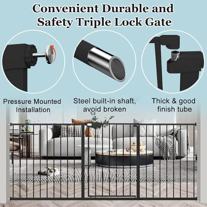 WAOWAO Triple Lock Baby Gate Extra Wide 35.04-38.97" Pressure Mounted Walk Through Swing Auto Close Safety Black Metal Dog Pet Puppy for Stairs