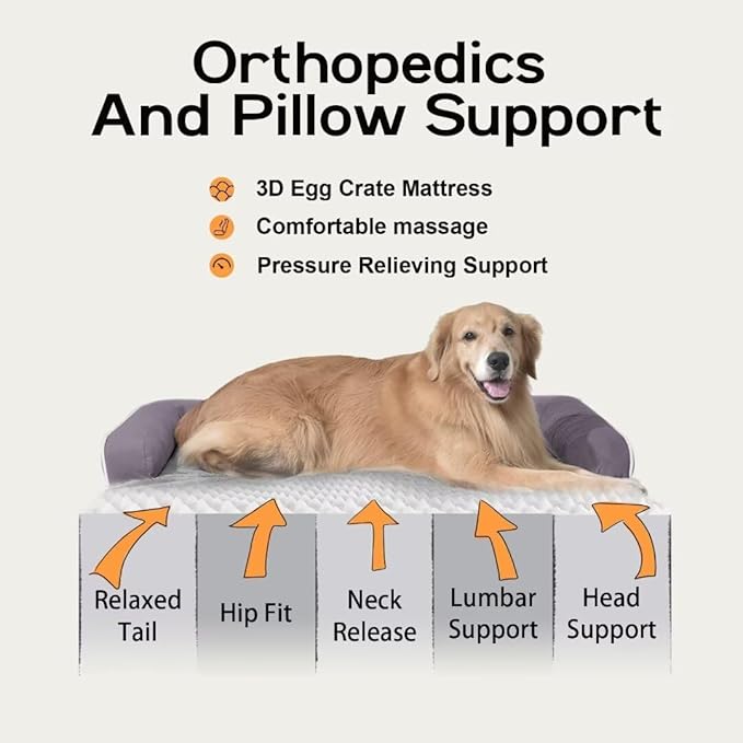 Large Dog Bed Orthopedic Washable, Orthopedic Dog Beds for Large Dogs with Washable Cover, Removable Bolster and Non-Slip Bottom Purple Pet Beds for XXXLarge Extra Large Dogs
