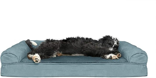 Furhaven Cooling Gel Dog Bed for Large/Medium Dogs w/ Removable Bolsters & Washable Cover, For Dogs Up to 55 lbs - Plush & Suede Sofa - Deep Pool, Large