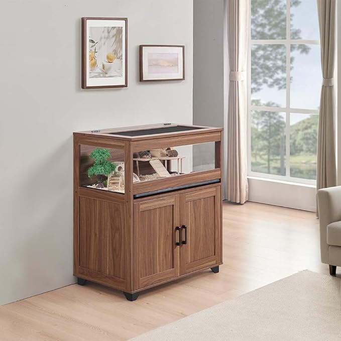 unipaws Hedgehog Cage with Storage Cabinet, Hamster Cage for Rat and Guinea Pigs, Clear Transparent PVC Visual Small Animal Cage with Tray, Hamster Enclosure, Walnut