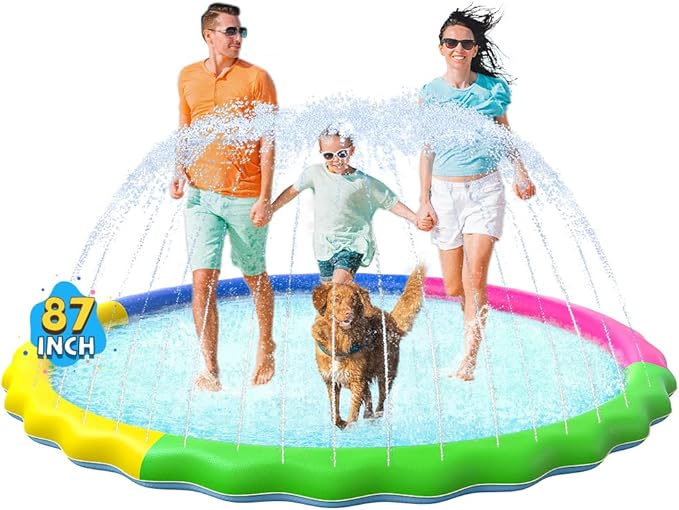 VISTOP Non-Slip Splash Pad for Kids and Dog, Thicken Sprinkler Pool Summer Outdoor Water Toys - Fun Backyard Fountain Play Mat for Baby Girls Boys Children or Pet Dog (87 inch, Red&Yellow&Green&Blue)
