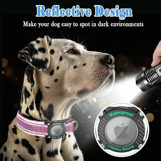 Upgraded AirTag Dog Collar, IP68 Waterproof Dog Collar with Apple Air Tag Holder, Reflective Adjustable Heavy Duty Dog Collars with Soft Padded for Small, Medium and Large Dogs,Pink, L