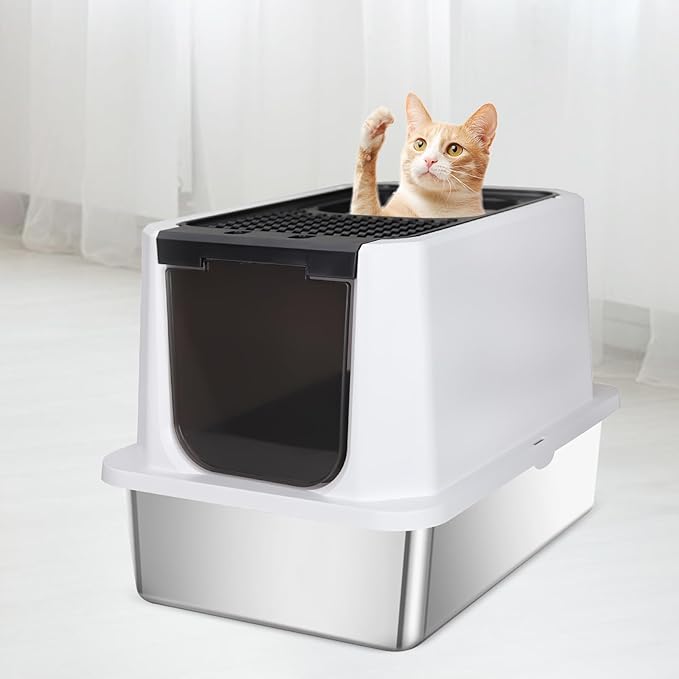 RIZZARI Stainless Steel Cat Litter Box, Odorless Enclosed Litter Box with Top Holes, Large Litter Pan for Small to Large Sized Cats (Black, 23.8" L*15.9" W*16.1" H)