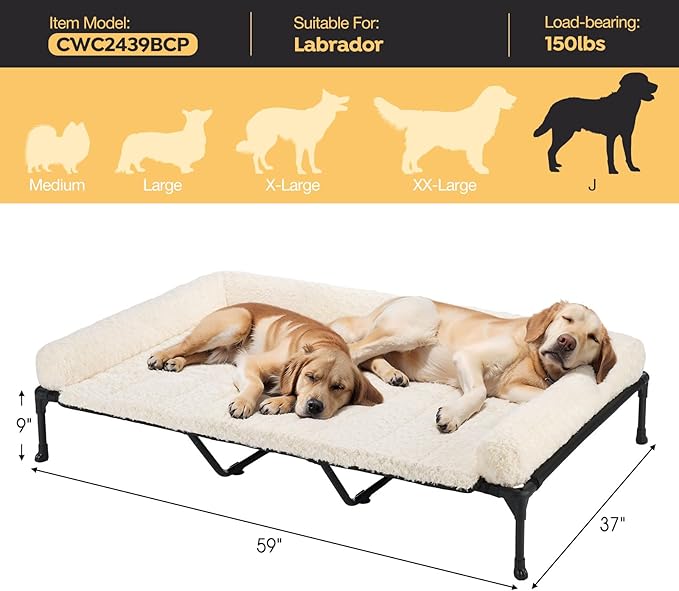 Veehoo Cooling Elevated Dog Bed Add Removable Deluxe Rose Plush Bolster Cushion Mat, 59" x 37" Washable Dog Couch Bed, Raised Pet Cot with Breathable Teslin Mesh, No-Slip Feet, White, CWC2439B