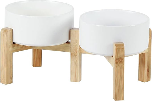 Ceramic Raised Double Bowls Set with Stand, 2 Heights Elevated, Food & Water Bowls for Small Breed Dogs, Weighted Dog Dishes, Pet Bowl(6.1'',28.7oz, White)