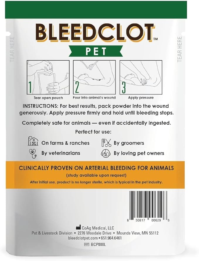 BleedClot Pet First Aid Blood Clotting Powder | The Best for All Animals to Stop Bleeding, Guaranteed | for Minor Cuts and Severe Arterial Bleeding | from The Makers of BleedStop (4 Pouches (0.5 oz))