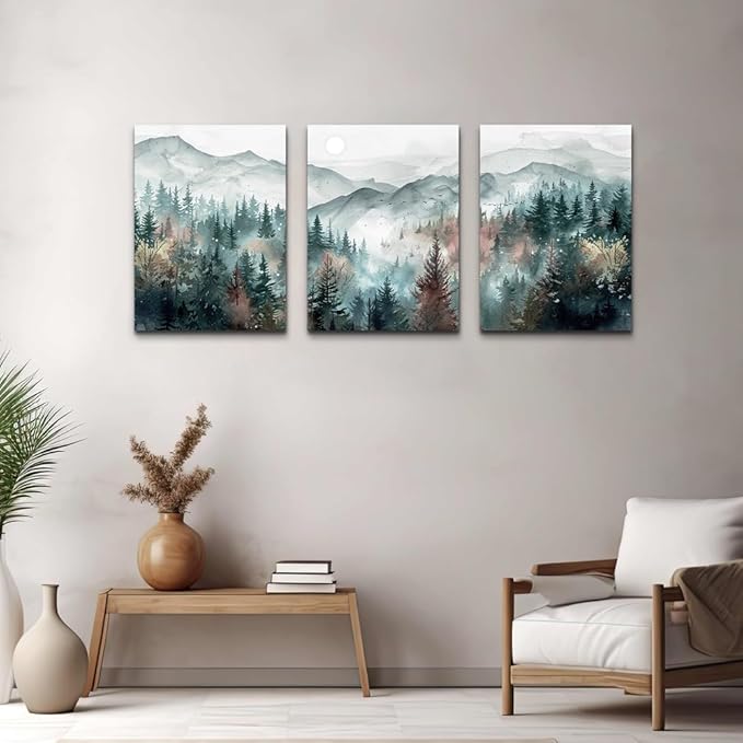 TTHYUEWS Farmhouse Wall Art For Living Room Canvas Wall Decor For Bedroom Wall Pictures for Office Fog Forest Mountain Landscape Watercolour Paintings Artwork Home Decorations Ready To Hang 3 Piece