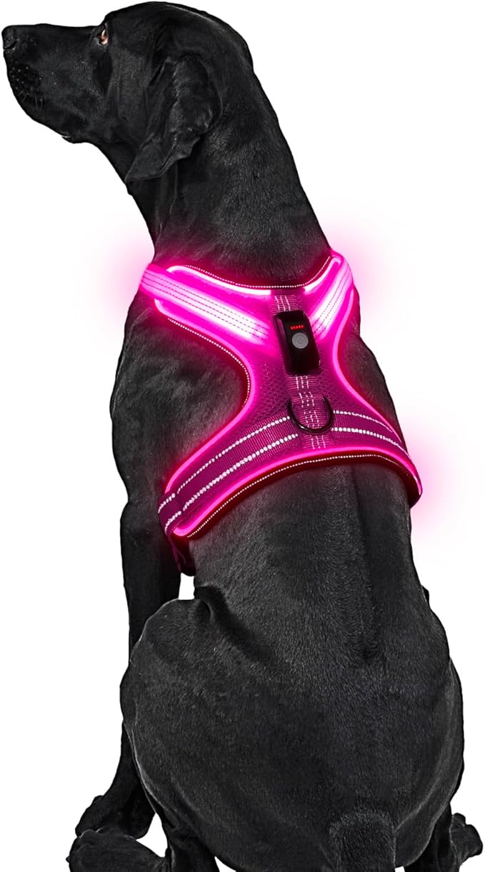 Light Up Dog Harness, Rechargeable LED Dog Harness with Battery Level Indicator, Adjustable Reflective Safety Vest for Night Walking, Soft Mesh Lighted Harness for Medium Large Dogs(5-90lbs)